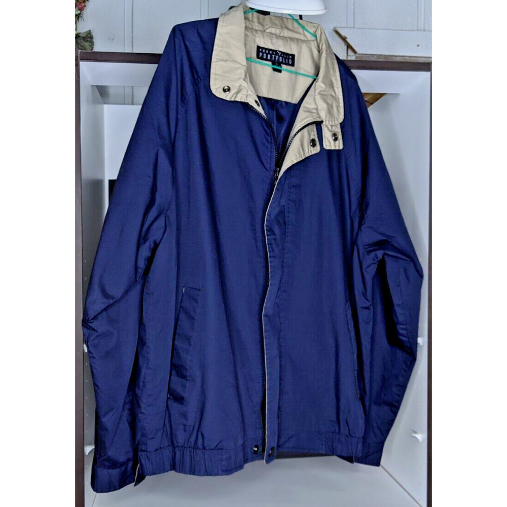 Mens Windbreaker Zip Up Jacket Size XL Navy Blue Tan Perry Ellis Portfolio Vtg